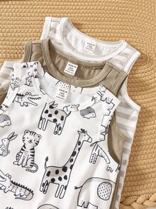 3pcs Newborn Baby Boy Summer Cute Cartoon & Stripe Knitted Romper Set - Multicolor - View 3