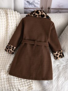 SHEIN Elladie kids 女孩公主風豹紋羊毛大衣，附蓬鬆毛領，中長版繫帶外套，適合年輕女孩節日聚會 - 咖啡棕 - 查看 3
