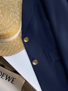 Franclia Women's Casual Cream-Colored Blazer Jacket, French Style Spring/Autumn New Arrival, Solid Color Lightweight Suit Jacket - Navy Blue - View 5
