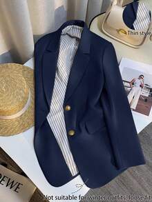Franclia Women's Casual Cream-Colored Blazer Jacket, French Style Spring/Autumn New Arrival, Solid Color Lightweight Suit Jacket - Navy Blue - View 1