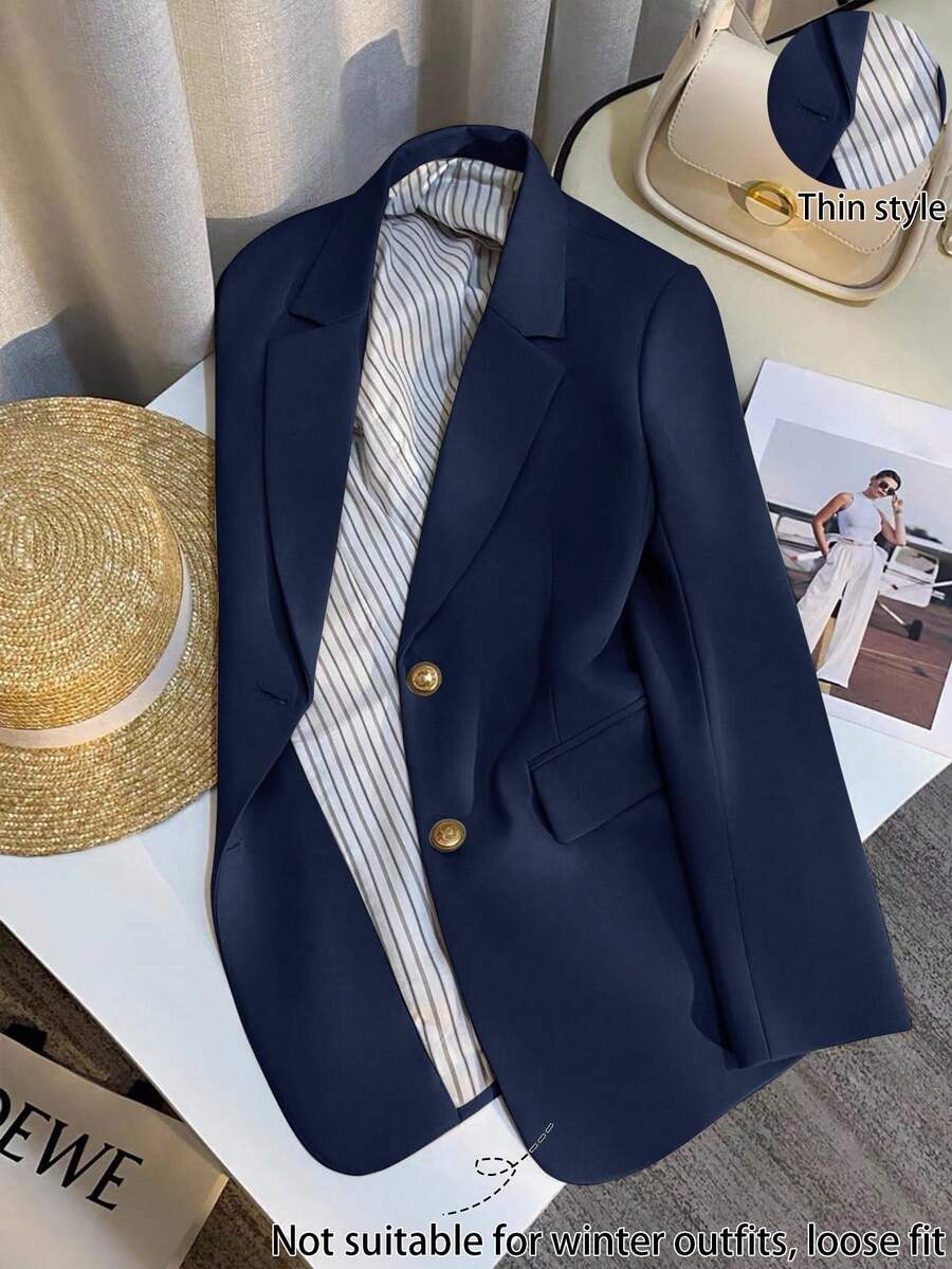 Franclia Women's Casual Cream-Colored Blazer Jacket, French Style Spring/Autumn New Arrival, Solid Color Lightweight Suit Jacket - Navy Blue - View 1