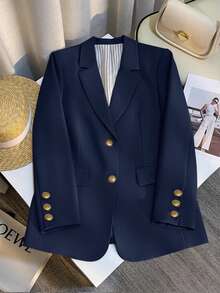 Franclia Women's Casual Cream-Colored Blazer Jacket, French Style Spring/Autumn New Arrival, Solid Color Lightweight Suit Jacket - Navy Blue - View 3