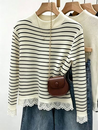 GlowEve Fall Clothes FOR WomenWomen's Casual Striped Lace Patchwork T-Shirt, Autumn/Winter