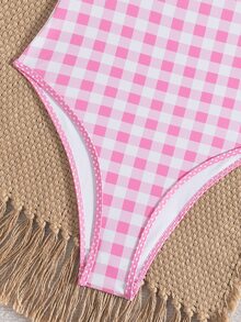 SHEIN Swim Women's One-Piece Plaid Swimsuit With Spaghetti Straps, Suitable For Beach Vacation, Spring/Summer - Pink - View 5