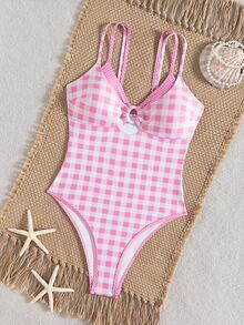 SHEIN Swim Women's One-Piece Plaid Swimsuit With Spaghetti Straps, Suitable For Beach Vacation, Spring/Summer - Pink - View 7