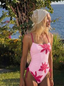 SHEIN Swim Traje de baño de una pieza con estampado 3D, cuello de halter y cordón lateral, de estilo fresco de verano para mujer, con fondo de color rosa claro - Rosa - Ver 4