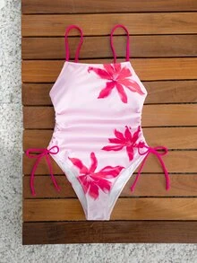 SHEIN Swim Traje de baño de una pieza con estampado 3D, cuello de halter y cordón lateral, de estilo fresco de verano para mujer, con fondo de color rosa claro - Rosa - Ver 1