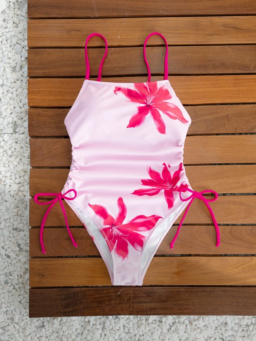 SHEIN Swim Traje de baño de una pieza con estampado 3D, cuello de halter y cordón lateral, de estilo fresco de verano para mujer, con fondo de color rosa claro - Rosa - Ver 1