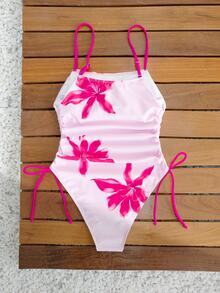 SHEIN Swim Traje de baño de una pieza con estampado 3D, cuello de halter y cordón lateral, de estilo fresco de verano para mujer, con fondo de color rosa claro - Rosa - Ver 2