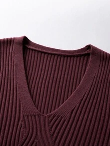 SHEIN فستان ميدي ضيق بياقة V وأكمام طويلة من نسيج محبوك مضلع للخريف والشتاء، فستان حفلة أنيق ومناسب - أحمر بنفسجي - مشاهدة 6