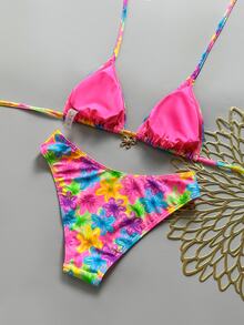 Swim Mod 女款細肩帶掛脖波點比基尼泳衣兩件套，米色夏季休閒海灘度假高衩甜美可愛套裝 - 彩色 - 查看 2