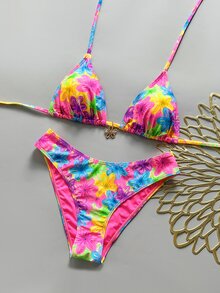 Swim Mod 女款細肩帶掛脖波點比基尼泳衣兩件套，米色夏季休閒海灘度假高衩甜美可愛套裝 - 彩色 - 查看 1