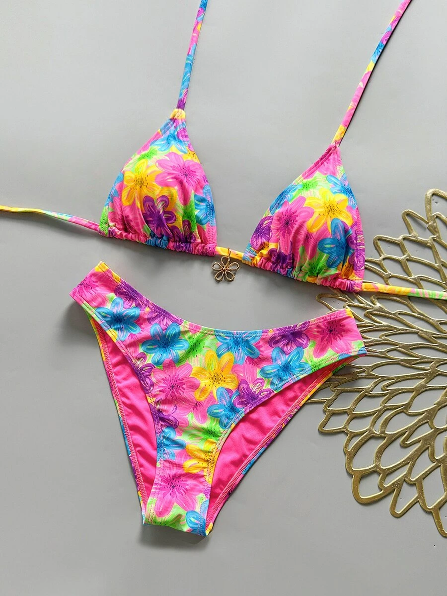 Swim Mod 女款細肩帶掛脖波點比基尼泳衣兩件套,米色夏季休閒海灘度假高衩甜美可愛套裝 - 彩色 - 查看 1