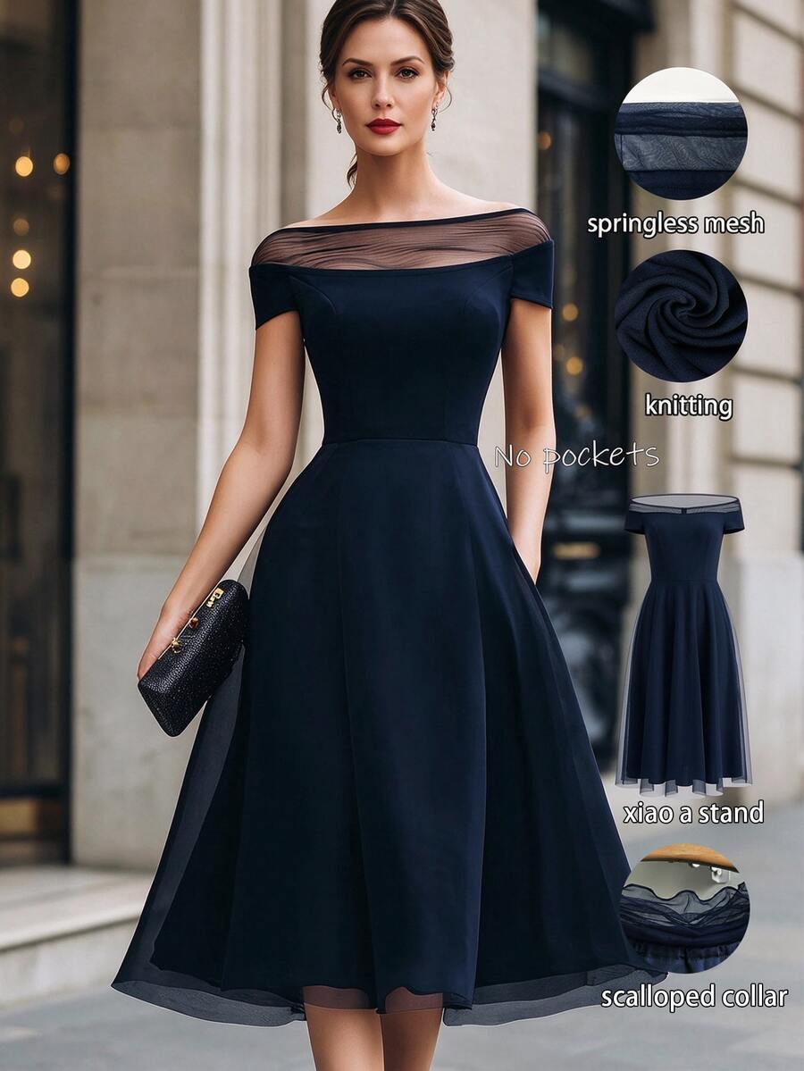 RosyDaze Gaun Patchwork Jala Warna Polos Elegan Terbaru, Cocok untuk Musim Semi, Musim Panas, Musim Gugur, Musim Dingin, Jalan-jalan, Kencan, Festival, Acara Formal, Pesta, Gaun Biru Tua Tanpa Bahu