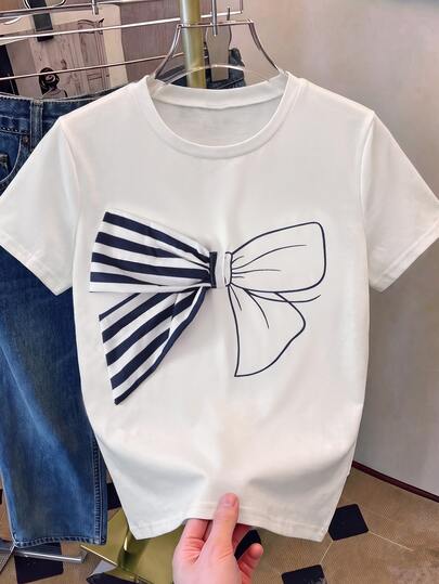 SHEIN Teen Girls 1pc Casual Pearl Decor Bow Graphic White Short Sleeve Round Neck T-Shirt For Teen Girls, Summer, Outfit, Comfortable