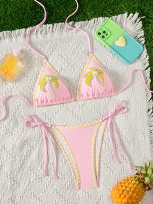 SHEIN Swim Women's Bikini Swimwear Set With Pearl & Coconut Tree Decor, Suitable For Beach, Vacation, And Dates In Spring/Summer - Pink - View 3