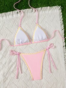 SHEIN Swim Women's Bikini Swimwear Set With Pearl & Coconut Tree Decor, Suitable For Beach, Vacation, And Dates In Spring/Summer - Pink - View 2