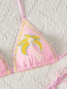 SHEIN Swim Women's Bikini Swimwear Set With Pearl & Coconut Tree Decor, Suitable For Beach, Vacation, And Dates In Spring/Summer - Pink - View 1