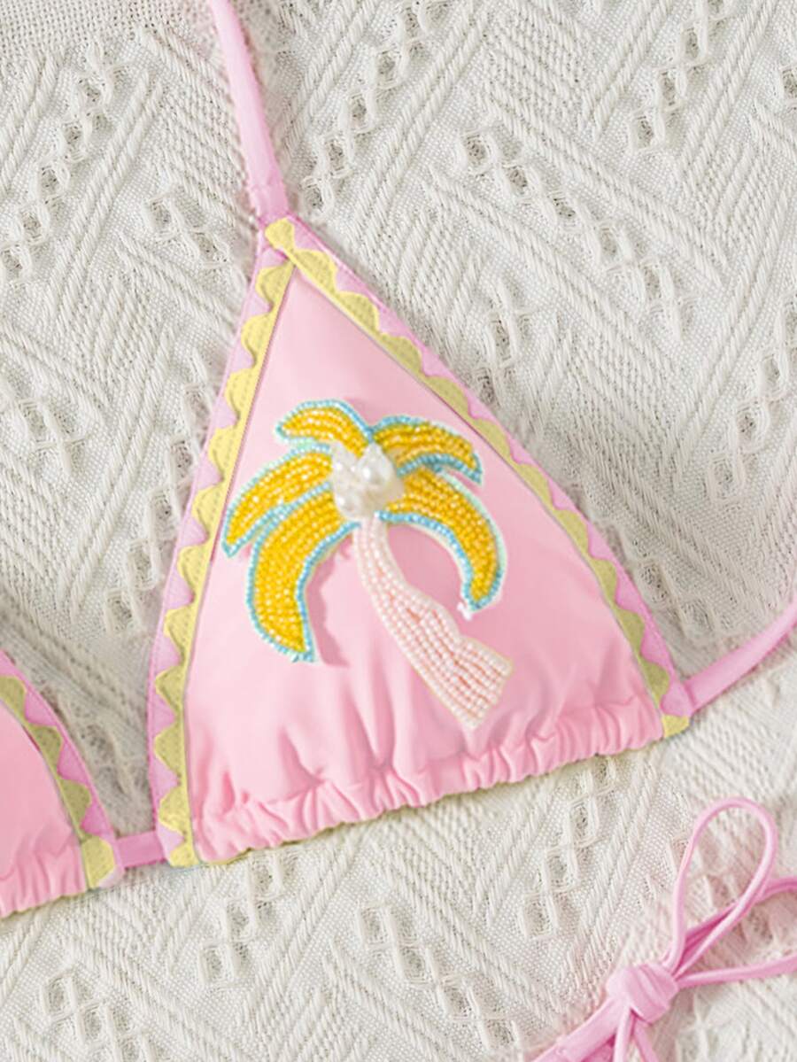 SHEIN Swim Women's Bikini Swimwear Set With Pearl & Coconut Tree Decor, Suitable For Beach, Vacation, And Dates In Spring/Summer - Pink - View 1