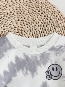 SHEIN 2件組幼兒男童運動衫長褲套裝，可愛甜美白色灰色紮染印花條紋長袖，標準版型，適合假期派對冬季聖誕，羅紋針織 - 灰色 - 查看 5