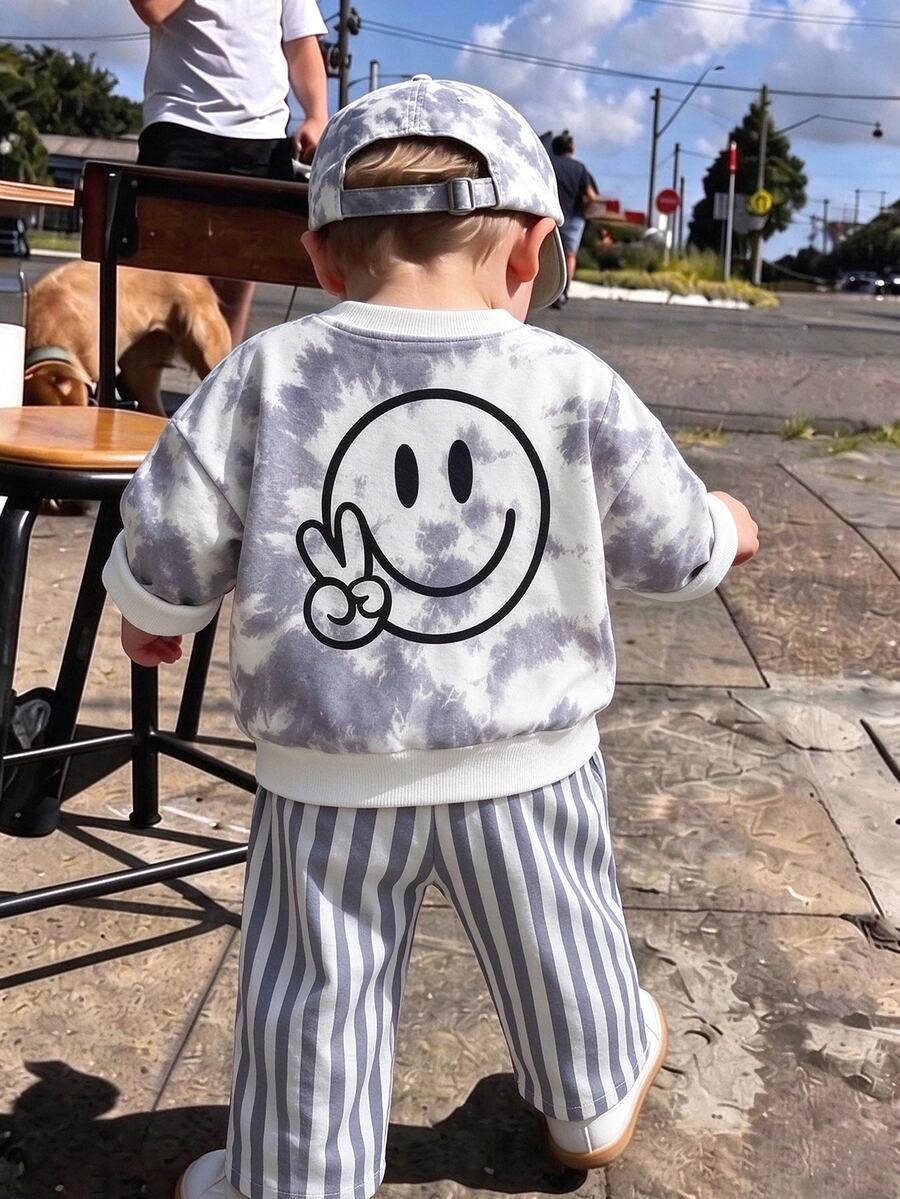 SHEIN 2件組幼兒男童運動衫長褲套裝，可愛甜美白色灰色紮染印花條紋長袖，標準版型，適合假期派對冬季聖誕，羅紋針織 - 灰色 - 查看 1