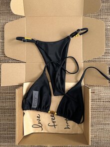 Swim Vcay Women Brown And Blue Polka Dot Halter Tie Two Pieces Bikini Swimwear Bikini Set, - Black - View 2