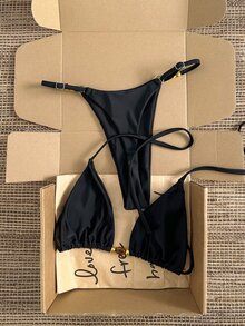 Swim Vcay Women Brown And Blue Polka Dot Halter Tie Two Pieces Bikini Swimwear Bikini Set, - Black - View 7