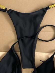 Swim Vcay Women Brown And Blue Polka Dot Halter Tie Two Pieces Bikini Swimwear Bikini Set, - Black - View 6
