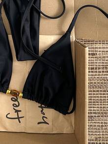 Swim Vcay Women Brown And Blue Polka Dot Halter Tie Two Pieces Bikini Swimwear Bikini Set, - Black - View 8