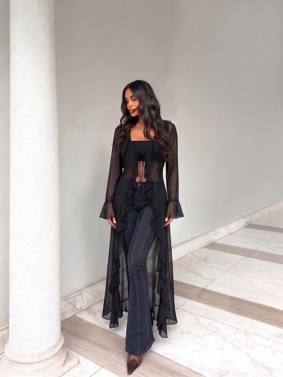SHEIN Swim Women's New Fashion Sheer Mesh Asymmetric Ruffle Hem Tie Collar Design Flare Sleeve Beach Cover Up Solid Color Cover Up, Summer