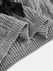 Tween Girl Fall Winter Bow Decor Light Grey Knit Cardigan Sweater, Casual Daily Long Sleeve Ribbed Pull, Cozy Soft School Outfit, Back To School Girls - Grey - View 8
