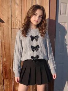 Tween Girl Fall Winter Bow Decor Light Grey Knit Cardigan Sweater, Casual Daily Long Sleeve Ribbed Pull, Cozy Soft School Outfit, Back To School Girls - Grey - View 5
