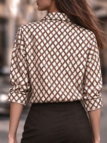 SHEIN Franclia European & American Luxury Style Slogan Letter All-Over Print Top, High-End Contrast Trim Loose Draped Long Sleeve Blouse - Multicolor - View 2