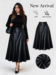 SHEIN LUNE CURVE Plus Size Women's Autumn/Winter Glossy Leather Flared Skirt Fall - Black - View 7
