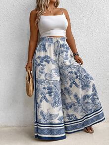EMERY ROSE Plus Size Women's All-Over Print Casual A Line Boho Daily Brunch Vacation Wide Leg Pants Fall Blue White Stripe Beach - Blue - View 4