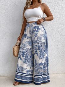 EMERY ROSE Plus Size Women's All-Over Print Casual A Line Boho Daily Brunch Vacation Wide Leg Pants Fall Blue White Stripe Beach - Blue - View 6