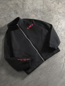 Manfinity Roghcode 男士休閒哥德風寬鬆時尚街頭運動拼接配色長袖夾克外套，秋季 - 黑色 - 查看 2