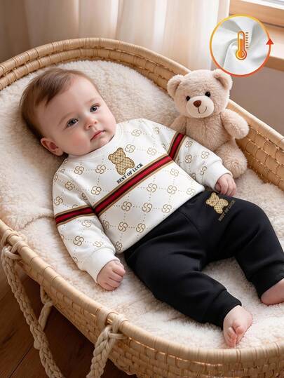 2pcs Newborn Baby Sets Cute Black White Color Block Bear Argyle Letter Loose Long Sleeve Crew Neck Fall Winter Comin2pcs Newborn Baby Sets Cute White