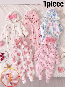 1pc Newborn Baby Autumn/Winter New Striped Heart Plush All-Over Print Hooded Cute Big Bow Design Warm Comfortable Footed Jumpsuit - White - View 1