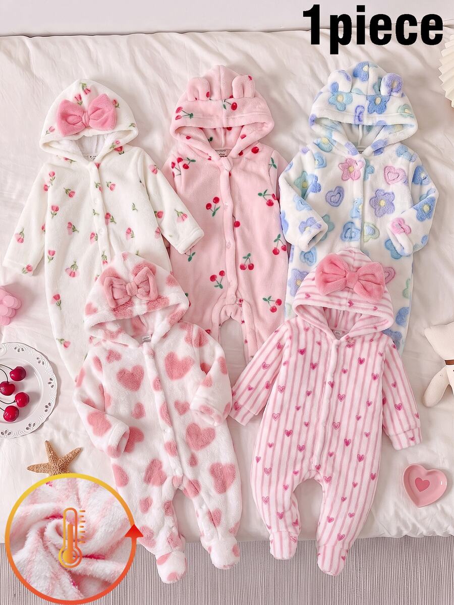 1pc Newborn Baby Autumn/Winter New Striped Heart Plush All-Over Print Hooded Cute Big Bow Design Warm Comfortable Footed Jumpsuit - White - View 1