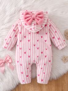 1pc Newborn Baby Autumn/Winter New Striped Heart Plush All-Over Print Hooded Cute Big Bow Design Warm Comfortable Footed Jumpsuit - White - View 2