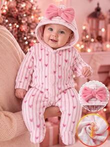 1pc Newborn Baby Autumn/Winter New Striped Heart Plush All-Over Print Hooded Cute Big Bow Design Warm Comfortable Footed Jumpsuit - White - View 5