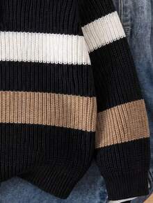 SHEIN Young Boy Sweater, Ribbed Knit Polo Collar Long Sleeve Striped Black White Beige Pullover Winter - Black - View 5