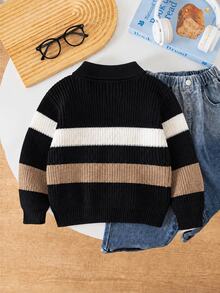 SHEIN Young Boy Sweater, Ribbed Knit Polo Collar Long Sleeve Striped Black White Beige Pullover Winter - Black - View 2
