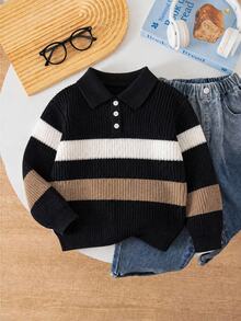 SHEIN Young Boy Sweater, Ribbed Knit Polo Collar Long Sleeve Striped Black White Beige Pullover Winter - Black - View 1
