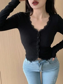 SHEIN X YERIMUA DAZY 女式休闲纯色前扣短款T恤长袖上衣 - 黑色 - 查看 5