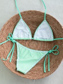 SHEIN Swim Blue Striped Cute Women's Bikini Set, Tie-Up, Fresh Beach Swimwear For Summer Vacation - Mint Blue - View 2