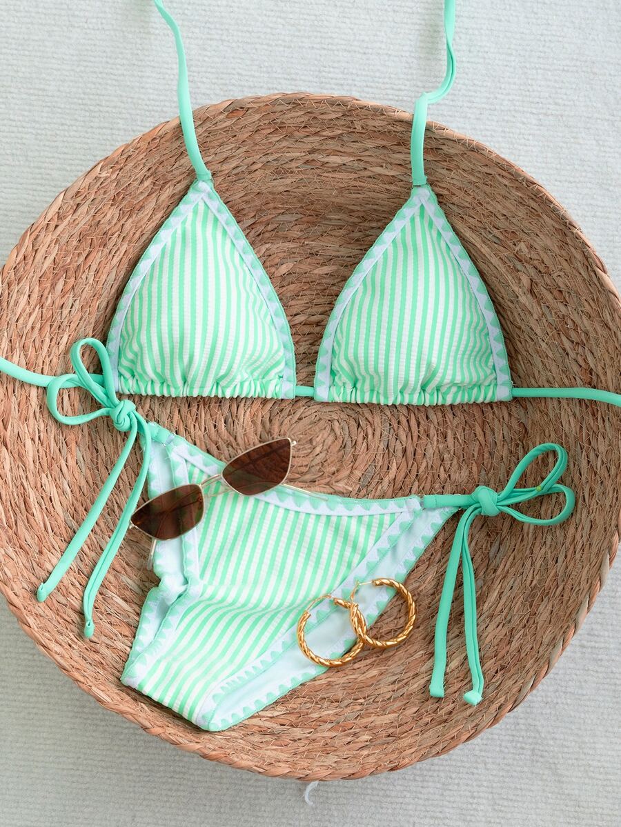SHEIN Swim Blue Striped Cute Women's Bikini Set, Tie-Up, Fresh Beach Swimwear For Summer Vacation - Mint Blue - View 1