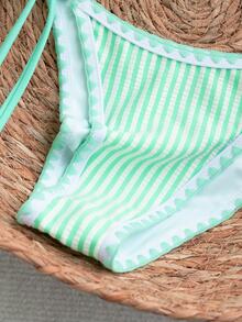 SHEIN Swim Blue Striped Cute Women's Bikini Set, Tie-Up, Fresh Beach Swimwear For Summer Vacation - Mint Blue - View 6