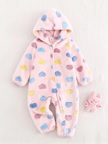 SHEIN Cute Autumn/Winter Fluffy Heart Pattern Hooded Jumpsuit Baby Girls - Pink - View 4
